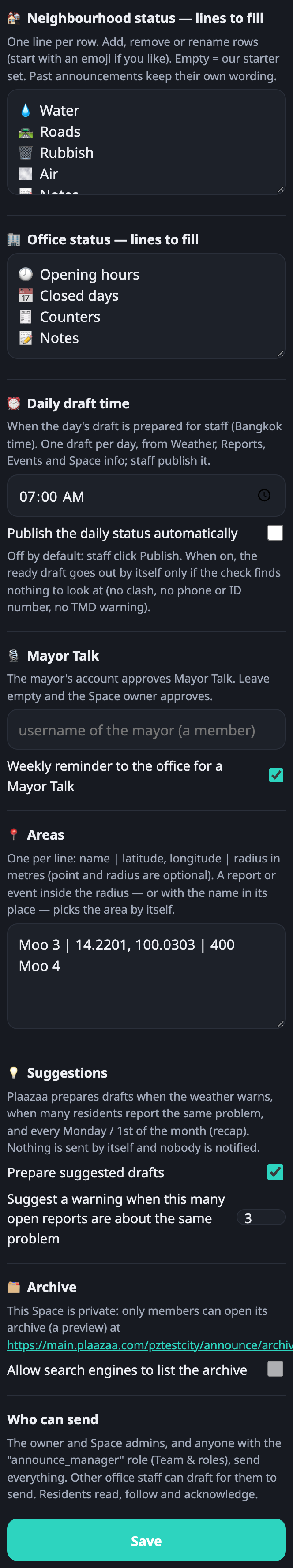 Areas in the settings