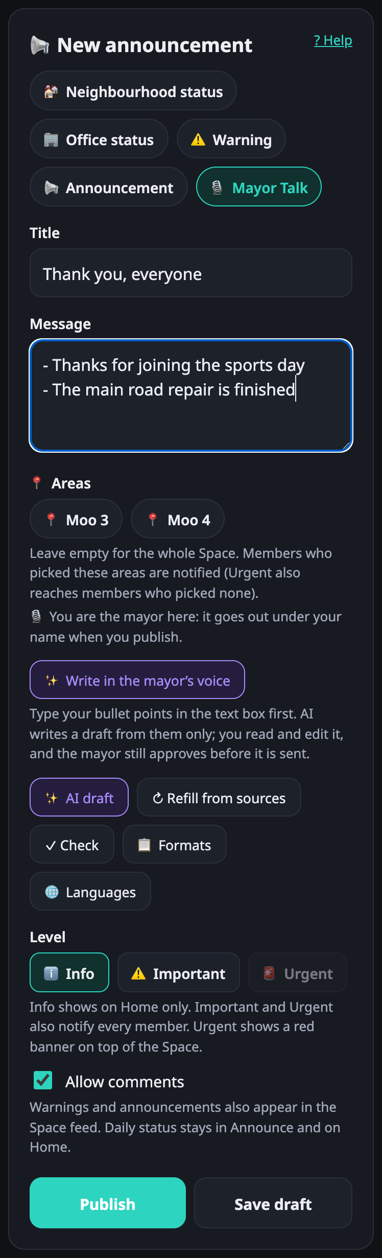 Mayor Talk composer with bullet points and the ✨ button