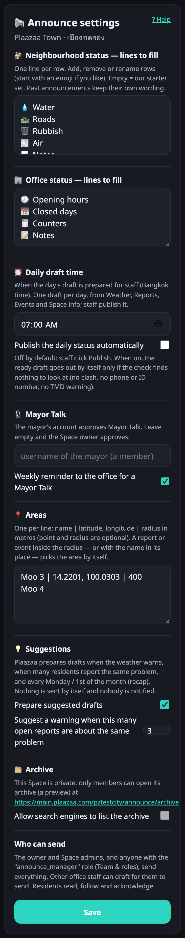 Announce settings