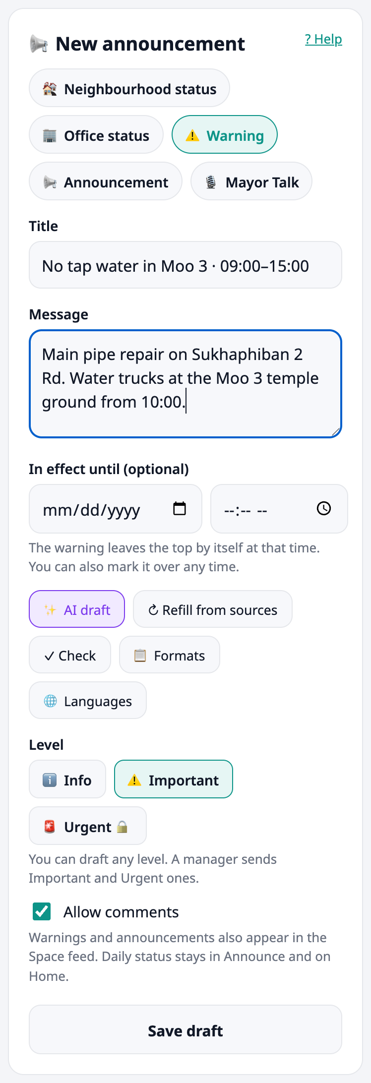 Drafting a warning: Urgent is locked for you, Save draft is the button