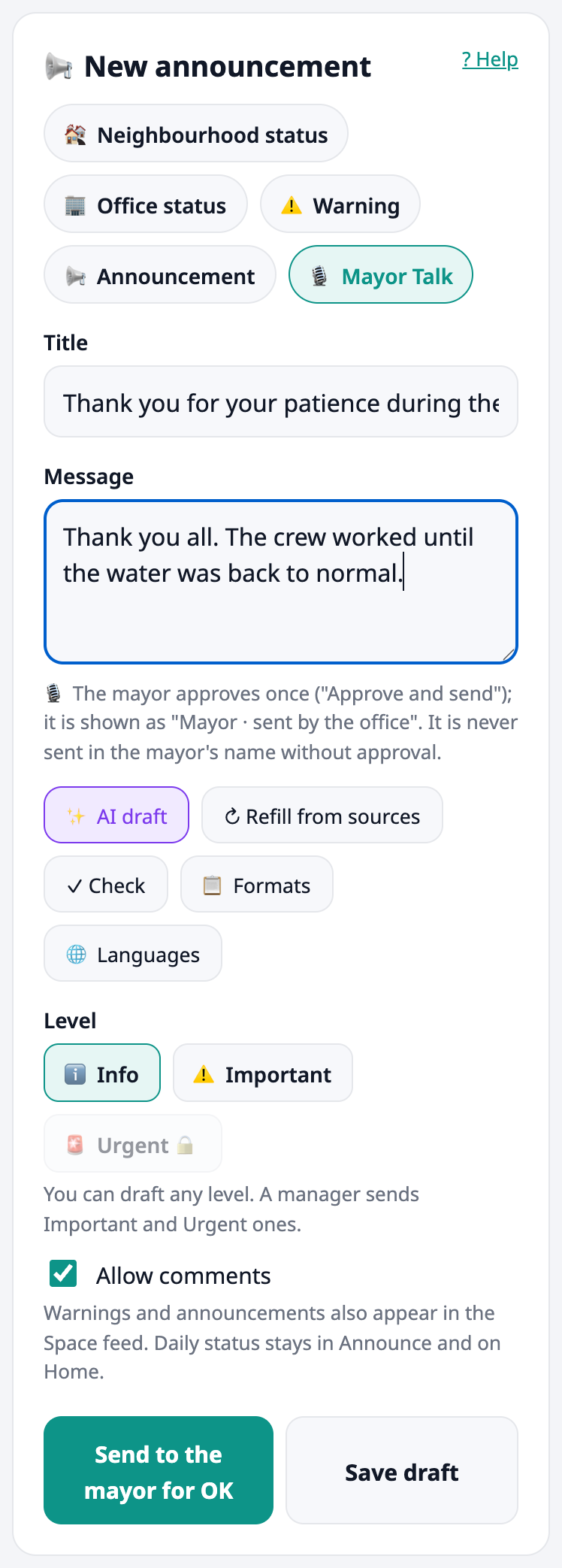 Drafting a Mayor Talk