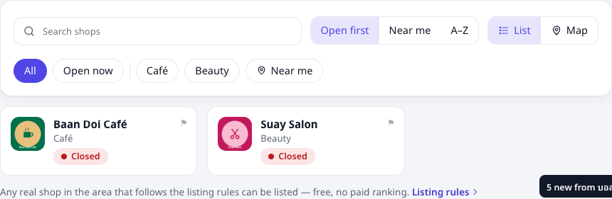 The Local shops tab: search, filters, list and map